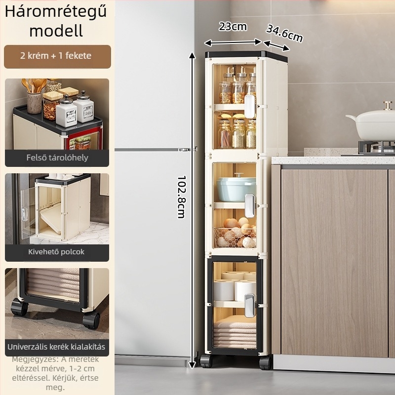 Keskeny rekeszekkel ellátott konyhai padlóállvány tároló, több rétegű, görgőkkel, modern nappalihoz