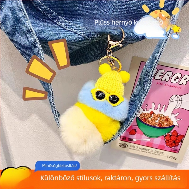Cuki ronda kapucnis szivárványos hernyó plüss kulcstartó