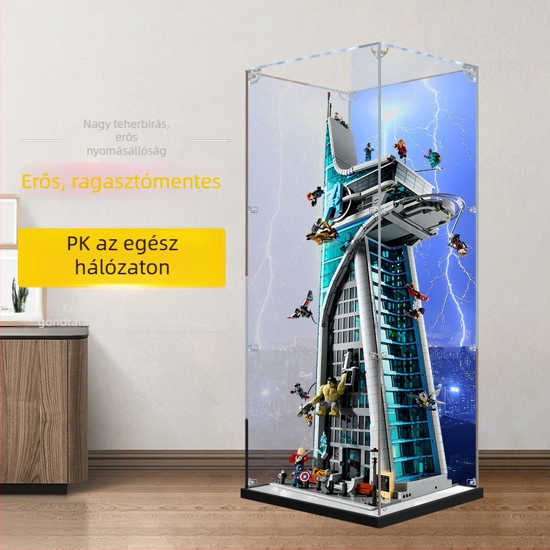 Akril kijelző doboz LEGO 76269 Avengers Tower modellhez – kézzel készített tároló porvédővel