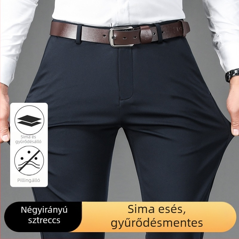 Férfiaknak szóló őszi-téli vastag nadrág, üzleti casual stílus, gyűrődésmentes, magas elasztikusság, lazán, egyenes szabású