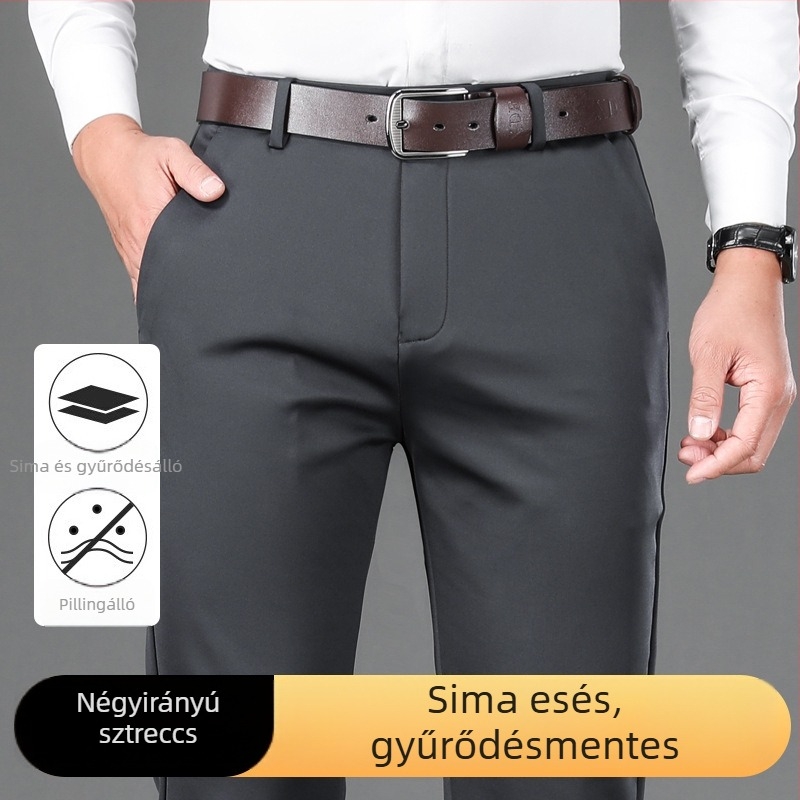 Férfiaknak szóló őszi-téli vastag nadrág, üzleti casual stílus, gyűrődésmentes, magas elasztikusság, lazán, egyenes szabású