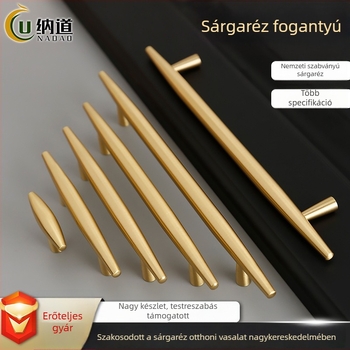 Sárgarézből készült szekrényajtó fogantyú – teljesen fémből, ajtókhoz, fiókokhoz és gardróbokhoz; modern minimális stílus, könnyű luxus, arany felület