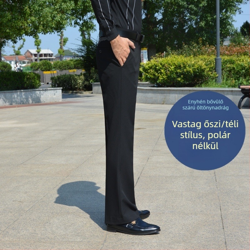 Őszi-téli férfi flared nadrág vasalás nélkül, laza szabás, drapált sziluett, mikro-flare