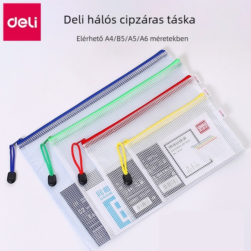 Deli 5654/5655/5656 rácsos cipzáras irattáska – vízálló, megerősített a dokumentumok és vizsgadolgozatok tárolására