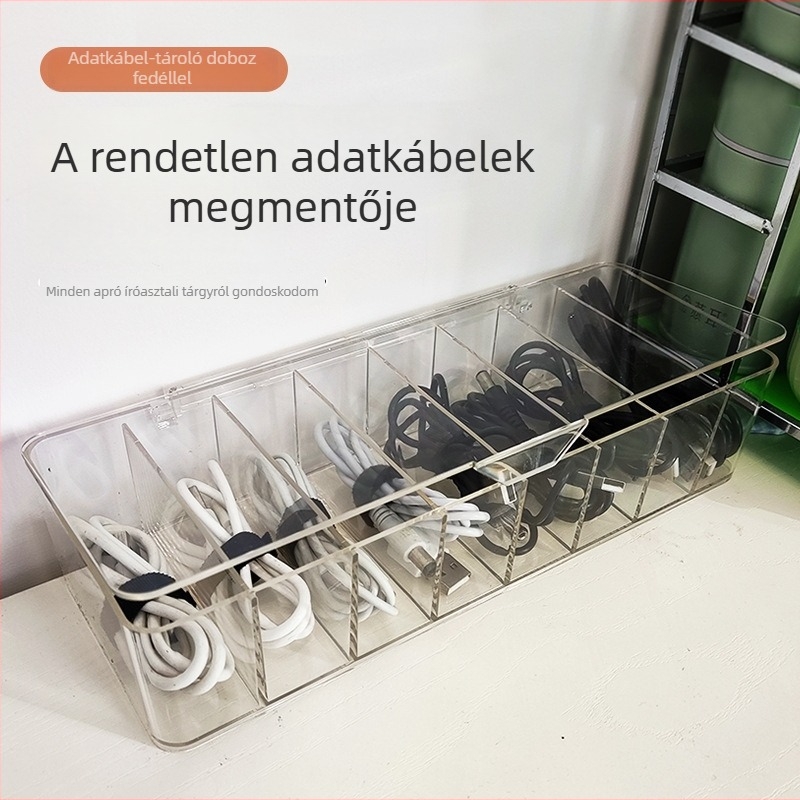 Átlátszó akril kábel- és kártyatartó doboz fedéllel, asztali rendező