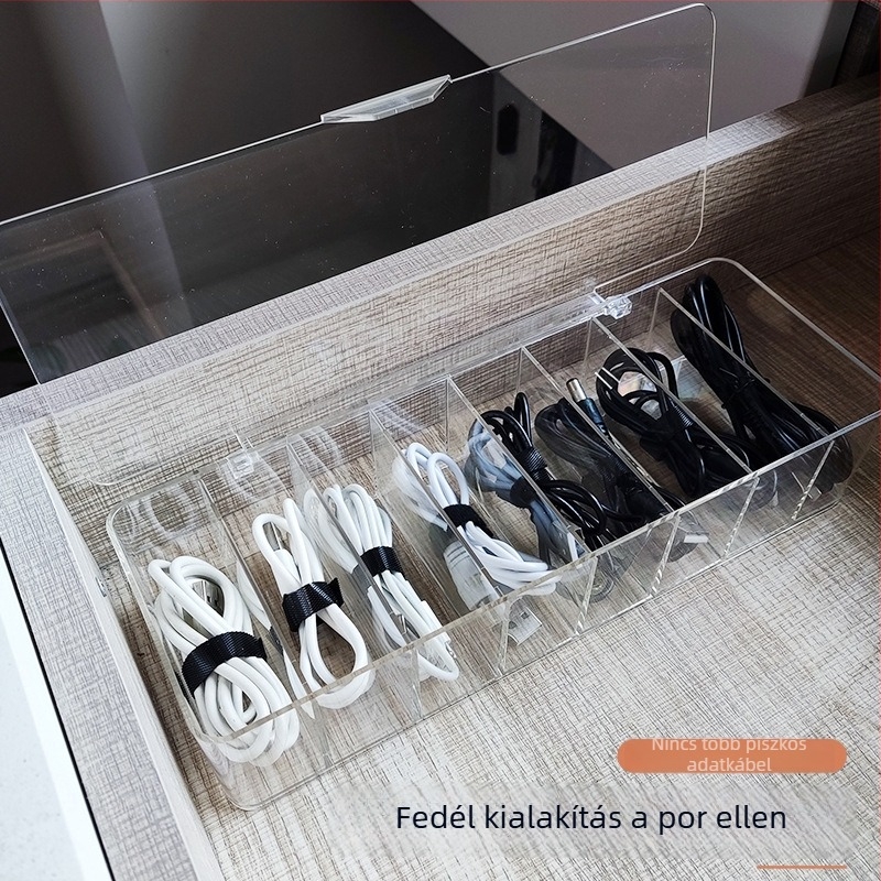 Átlátszó akril kábel- és kártyatartó doboz fedéllel, asztali rendező