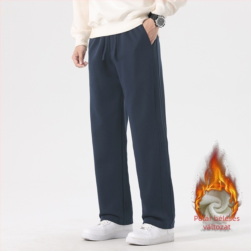 Férfi fleece-béléses sportnadrág, egyenes szabású, téli, egyszínű, középmagas derék, húzózsinóros zárás
