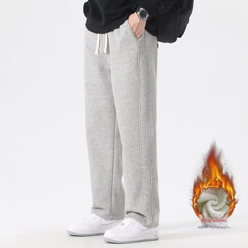 Férfi fleece-béléses sportnadrág, egyenes szabású, téli, egyszínű, középmagas derék, húzózsinóros zárás