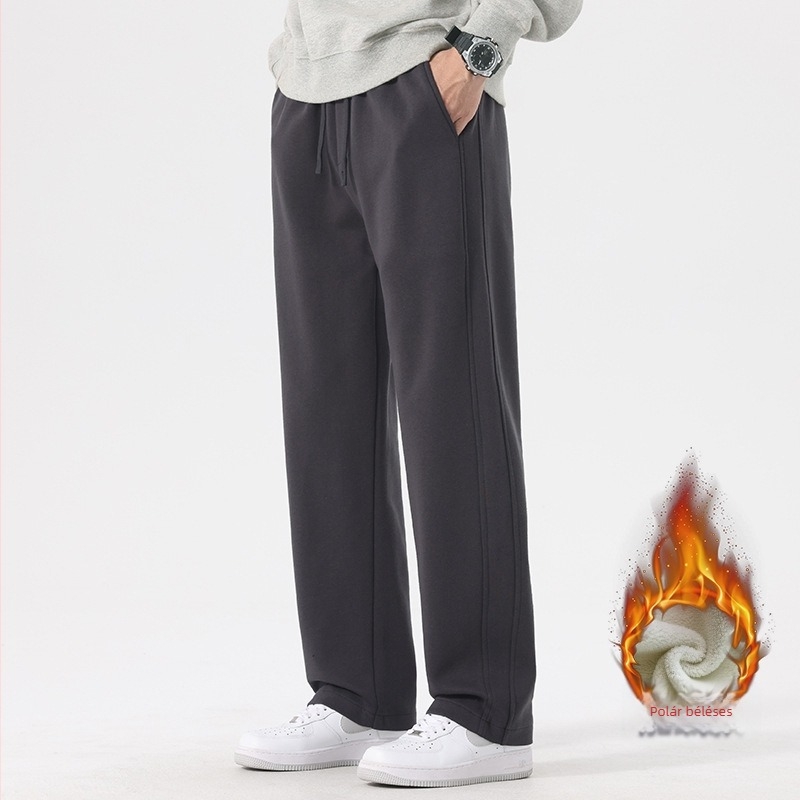 Férfi fleece-béléses sportnadrág, egyenes szabású, téli, egyszínű, középmagas derék, húzózsinóros zárás