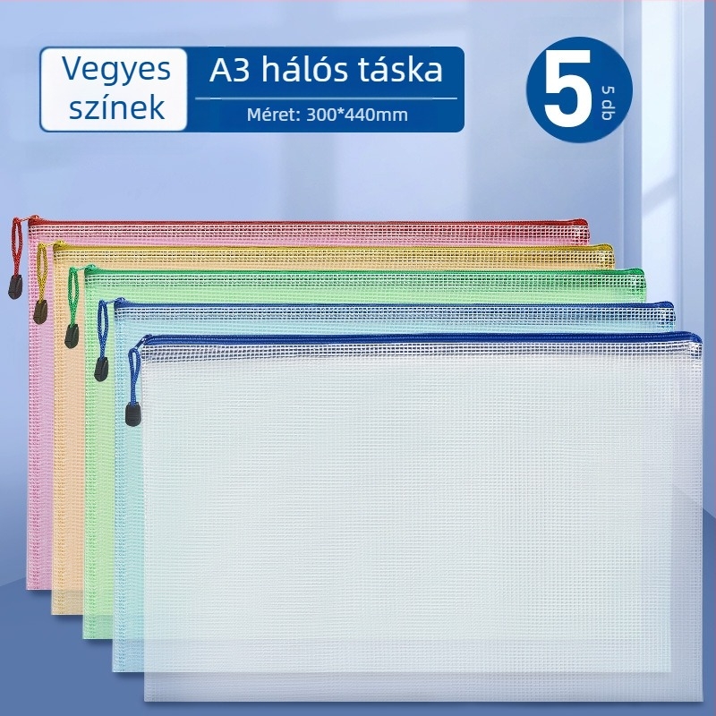 PVC átlátszó zipzáros irattároló hálós mintázattal, nagykapacitású A3 művészeti papírokhoz, vízálló