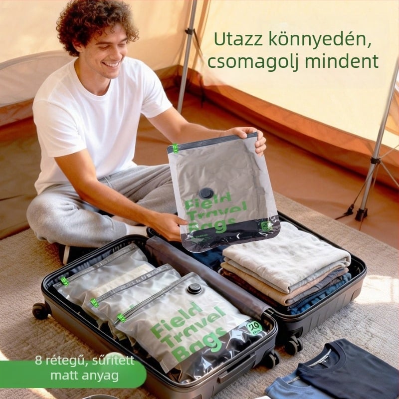Pufi dzseki vákuumos tömörítő tároló tasak, kerek sarkokkal, utazáshoz