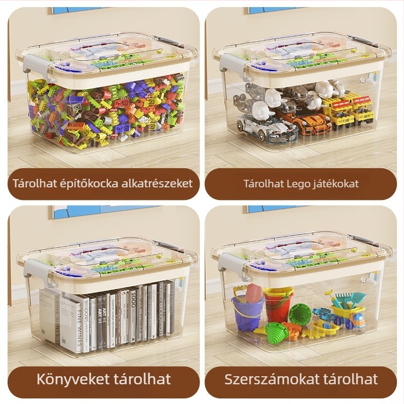 Gyerekeknek készült játékok tároló doboza több szintes építőelemes rendszerezővel és lehajtható fedéllel