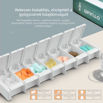 7 rekeszes heti tablettás doboz, fiókos kivitel, nagy kapacitású, zárt