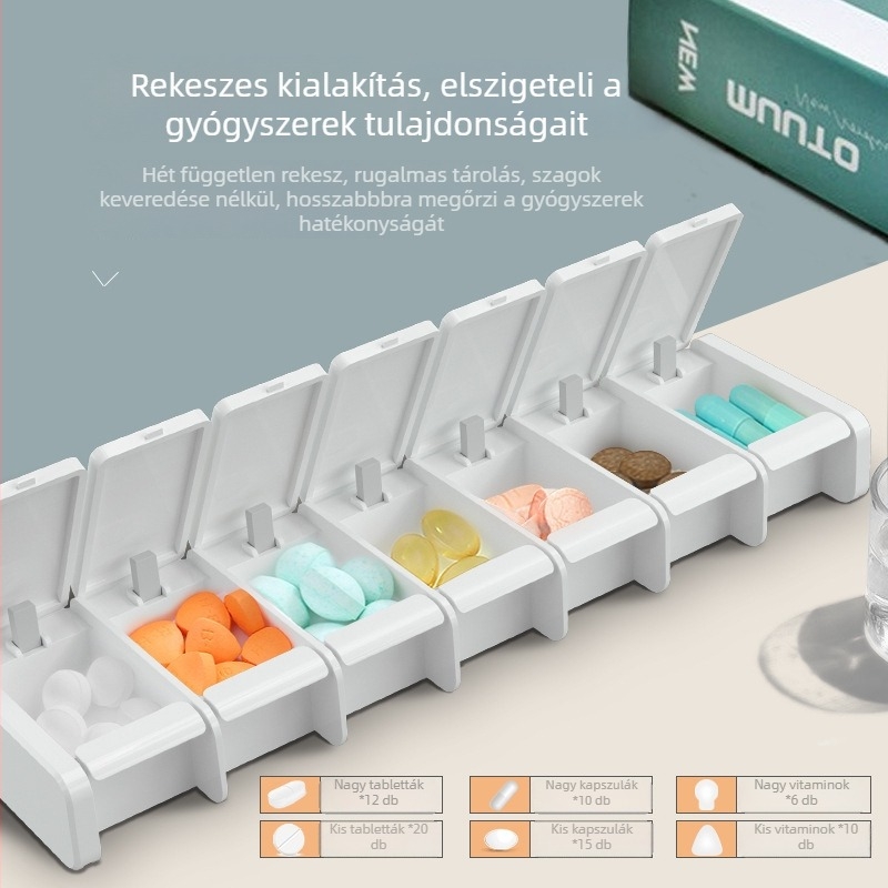 7 rekeszes heti tablettás doboz, fiókos kivitel, nagy kapacitású, zárt