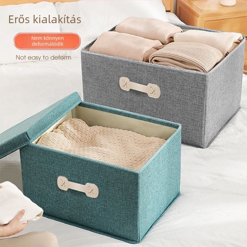 Nagy méretű textil ruhatároló doboz, hajtogatható gardrób rendező, 60L, pamut–len anyag