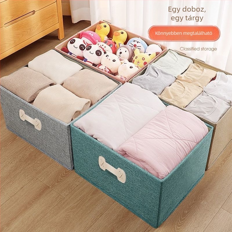 Nagy méretű textil ruhatároló doboz, hajtogatható gardrób rendező, 60L, pamut–len anyag