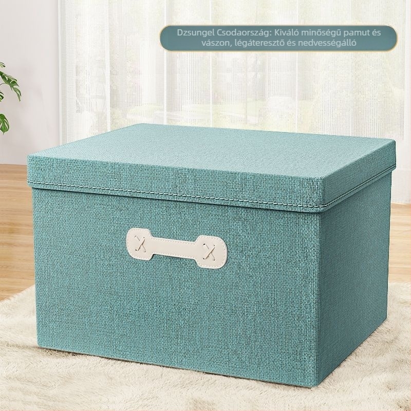 Nagy méretű textil ruhatároló doboz, hajtogatható gardrób rendező, 60L, pamut–len anyag