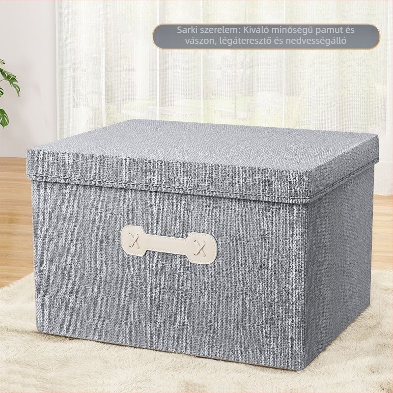 Nagy méretű textil ruhatároló doboz, hajtogatható gardrób rendező, 60L, pamut–len anyag
