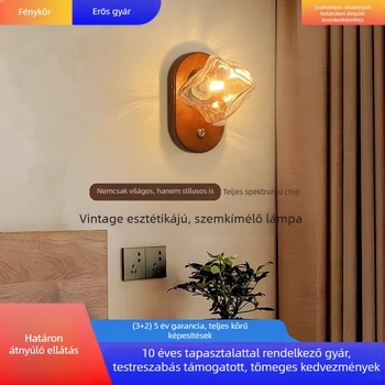 Hálószobai falikar üveg árnyékolóval, retro kínai stílus, diószínű felület, vintage wabi-sabi dizájn