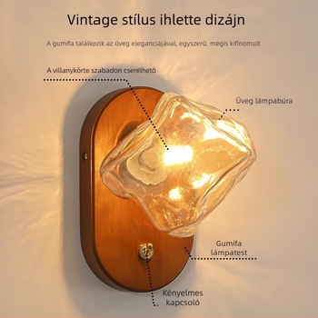 Hálószobai falikar üveg árnyékolóval, retro kínai stílus, diószínű felület, vintage wabi-sabi dizájn