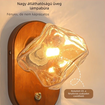 Hálószobai falikar üveg árnyékolóval, retro kínai stílus, diószínű felület, vintage wabi-sabi dizájn
