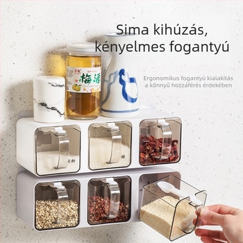 Konyhai falra szerelhető fűszertartó készlet több rekeszsel a sóhoz, MSG-hez, borshoz és egyéb fűszerekhez