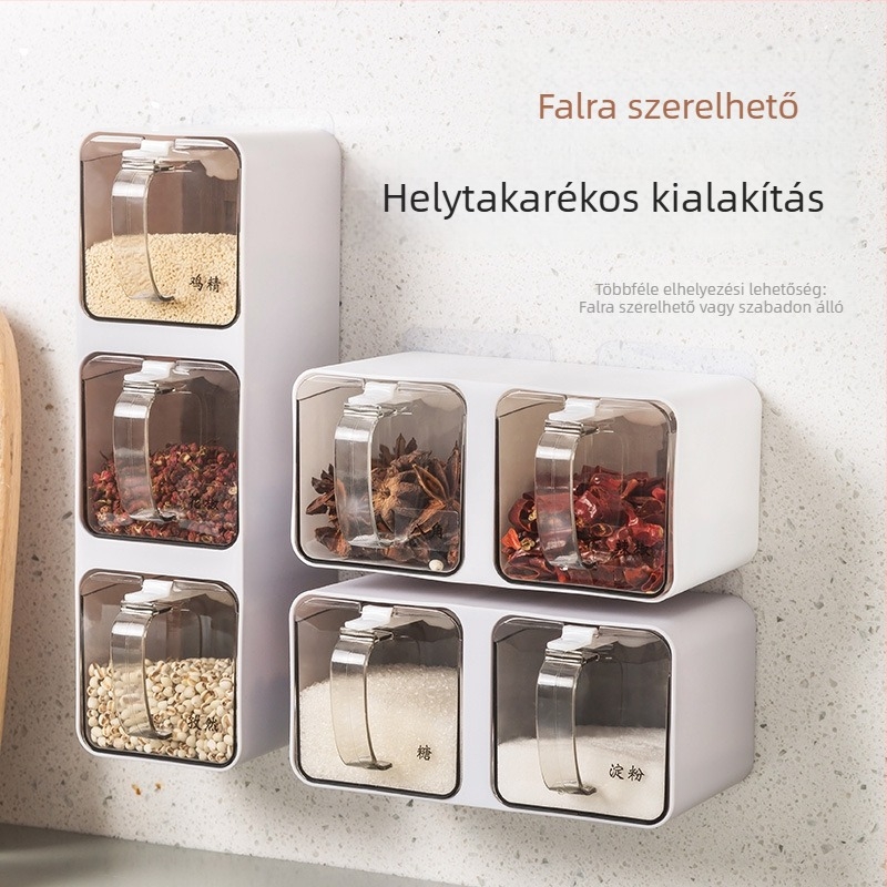 Konyhai falra szerelhető fűszertartó készlet több rekeszsel a sóhoz, MSG-hez, borshoz és egyéb fűszerekhez