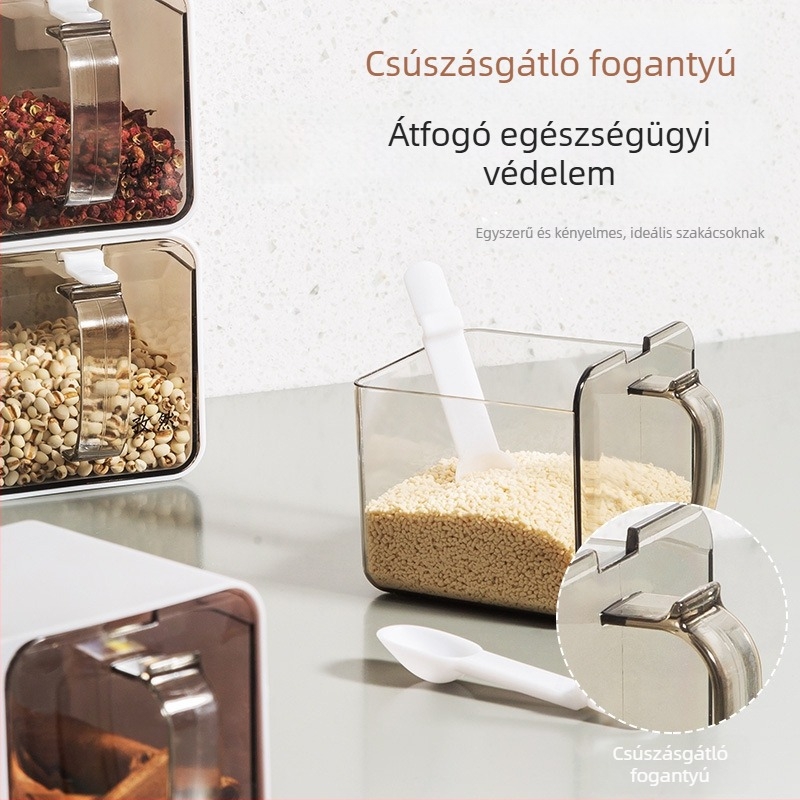 Konyhai falra szerelhető fűszertartó készlet több rekeszsel a sóhoz, MSG-hez, borshoz és egyéb fűszerekhez