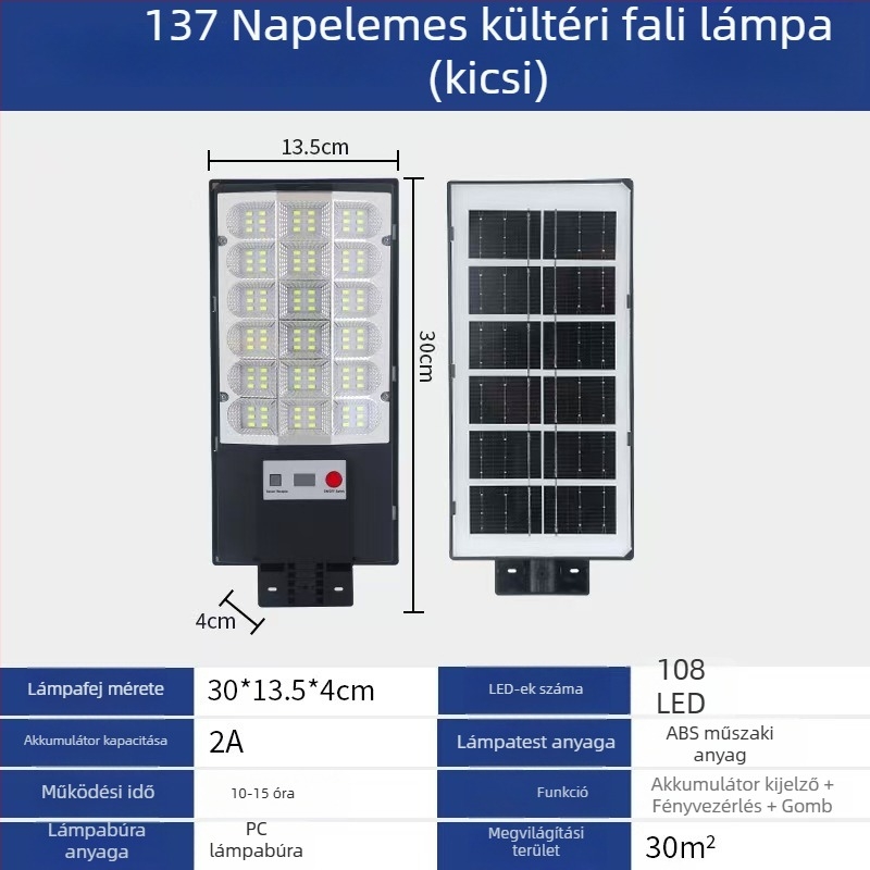 Integrált napelemes LED falikar kültéri kerthez és udvarhoz