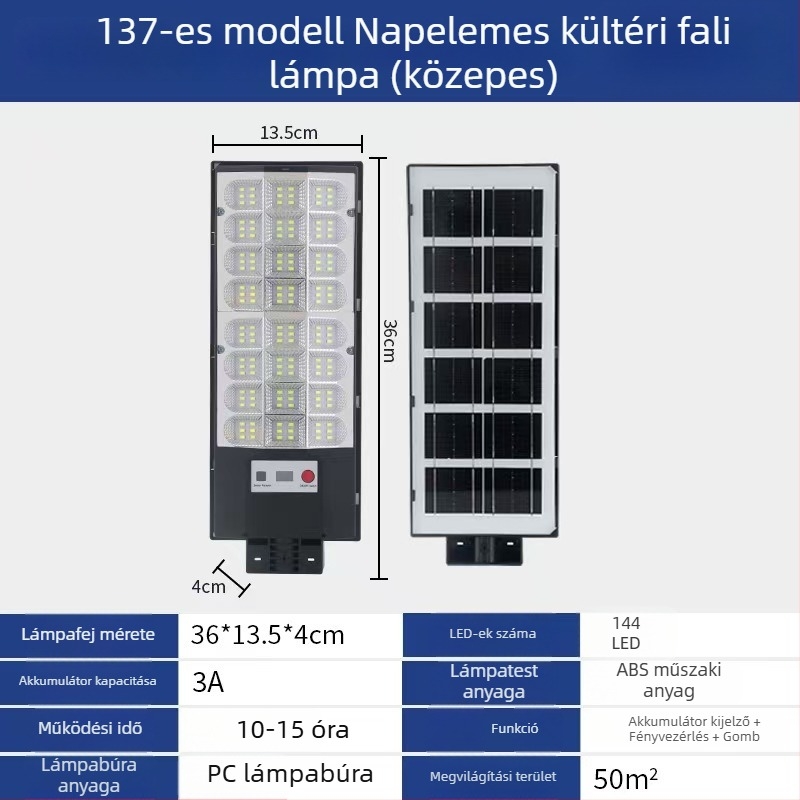 Integrált napelemes LED falikar kültéri kerthez és udvarhoz