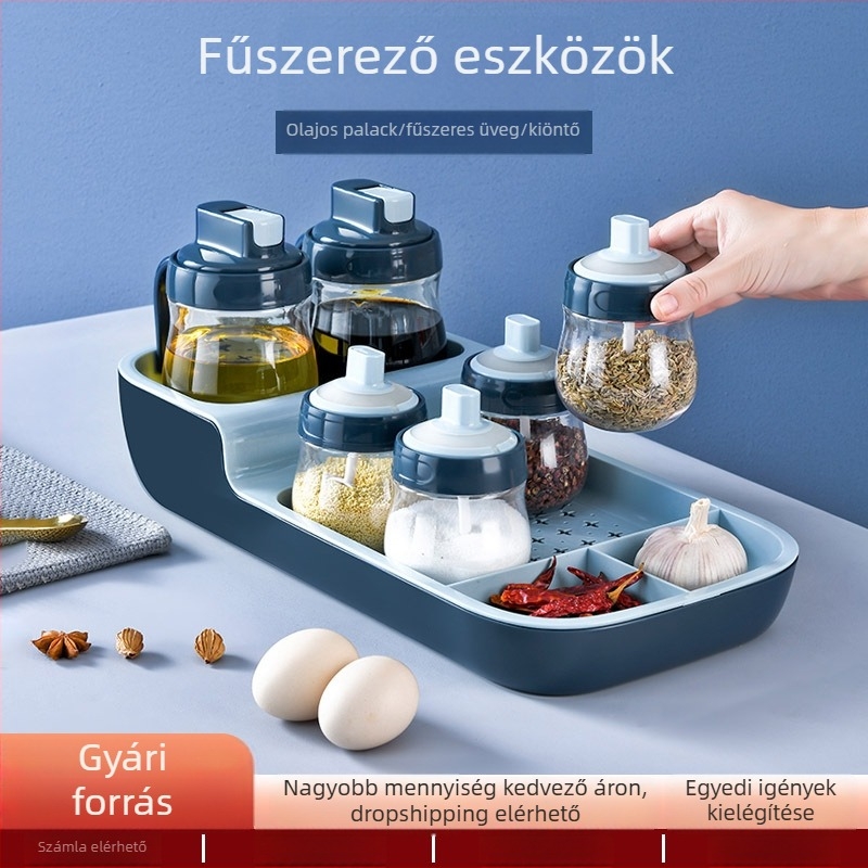 Konyhai fűszertartó készlet – műanyag fűszertartók kupakkal és automatikus nyitás-zárás olajtartó