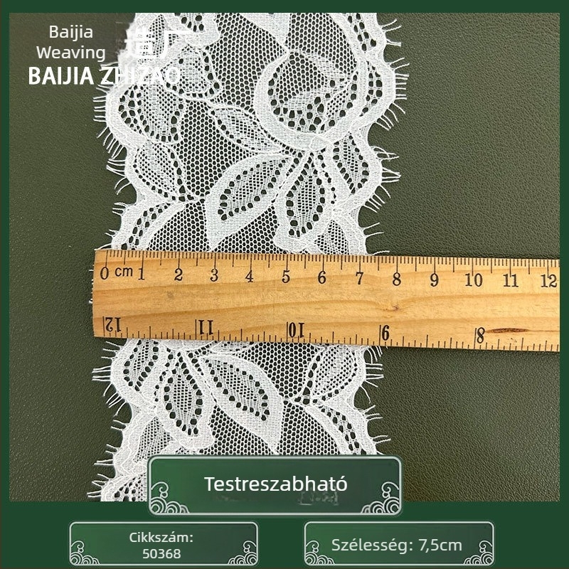 6.5–7.5 cm-es elasztikus eyelash csipke szegély nylonból, fehérneműhöz, ruházathoz, pizsamához és függönyökhöz