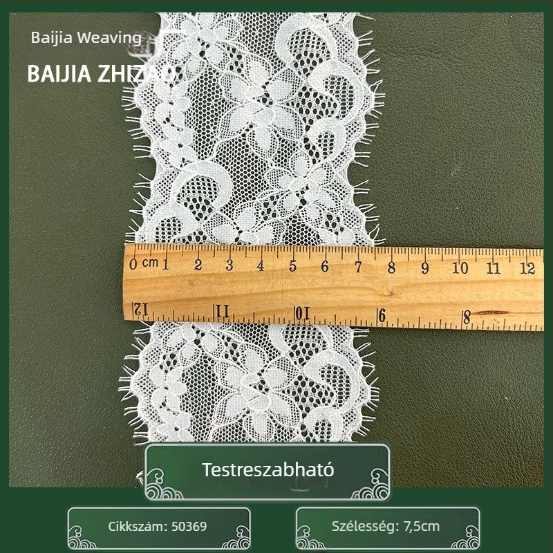 6.5–7.5 cm-es elasztikus eyelash csipke szegély nylonból, fehérneműhöz, ruházathoz, pizsamához és függönyökhöz