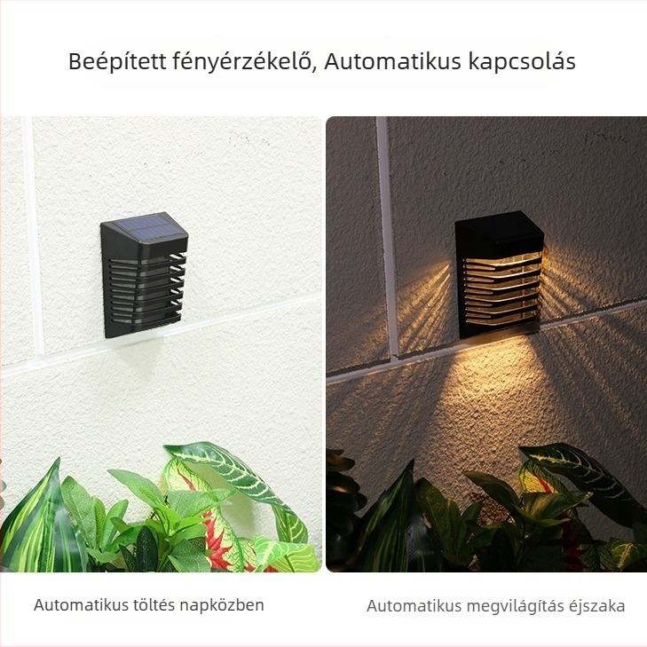 Napelemes falikar kültéri kertvilágítás, automatikus felkapcsolás sötétedéskor, vízálló kerti lámpa