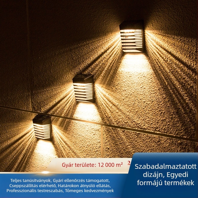 Napelemes falikar kültéri kertvilágítás, automatikus felkapcsolás sötétedéskor, vízálló kerti lámpa