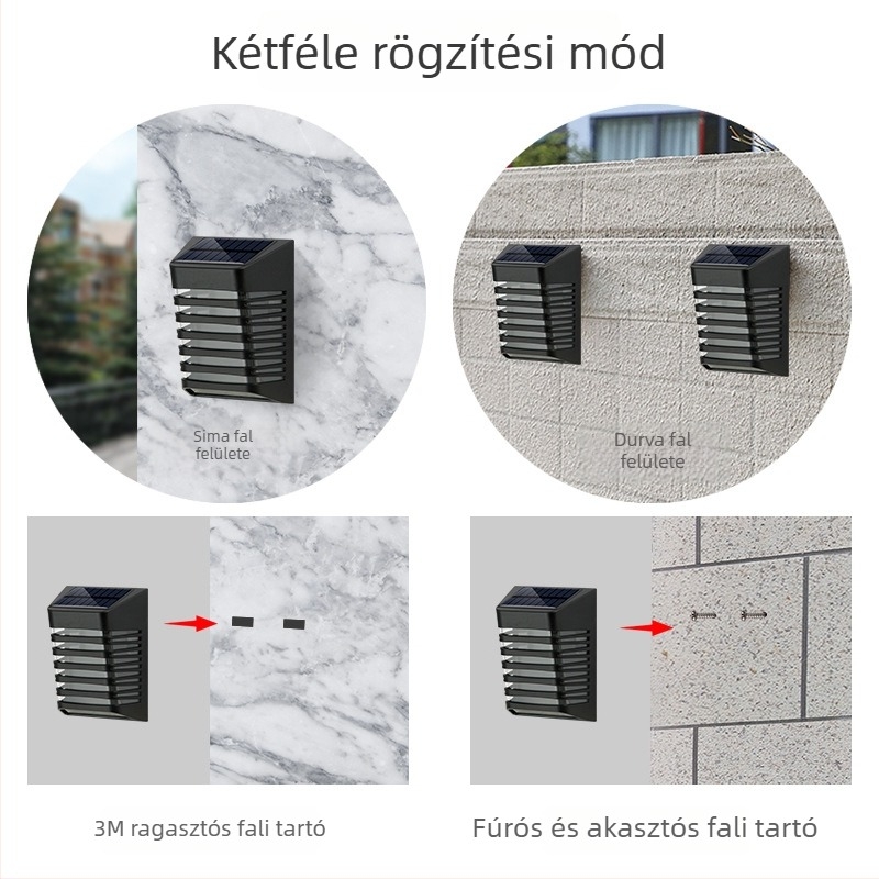Napelemes falikar kültéri kertvilágítás, automatikus felkapcsolás sötétedéskor, vízálló kerti lámpa