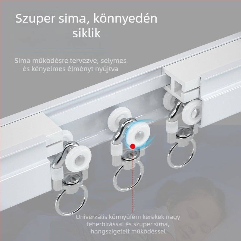 Falhoz rögzített ívelt függöny sín, hajlékony és állítható méretű, U‑alakú felső- vagy oldalsó szerelés
