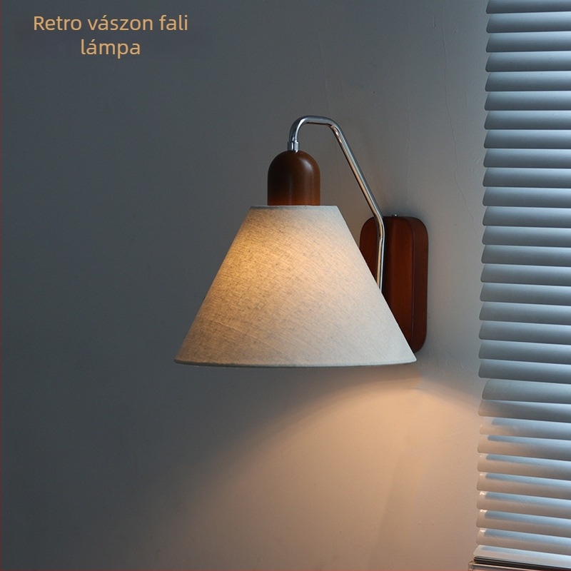 Textil árnyékolós falikar, retro stílusú, fa alap, LED, 220V — hálószoba, dolgozószoba, folyosó