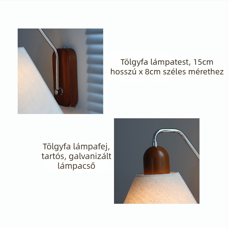 Textil árnyékolós falikar, retro stílusú, fa alap, LED, 220V — hálószoba, dolgozószoba, folyosó