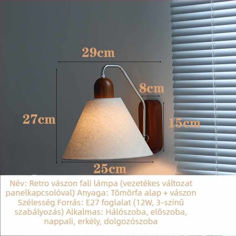 Textil árnyékolós falikar, retro stílusú, fa alap, LED, 220V — hálószoba, dolgozószoba, folyosó