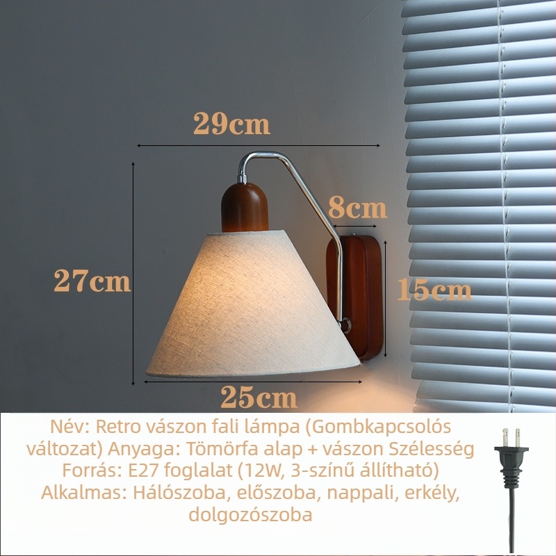 Textil árnyékolós falikar, retro stílusú, fa alap, LED, 220V — hálószoba, dolgozószoba, folyosó