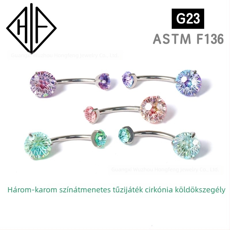 F136 titánium ötvözetű köldök piercing cirkóval, gradient színű, tűzijáték stílus