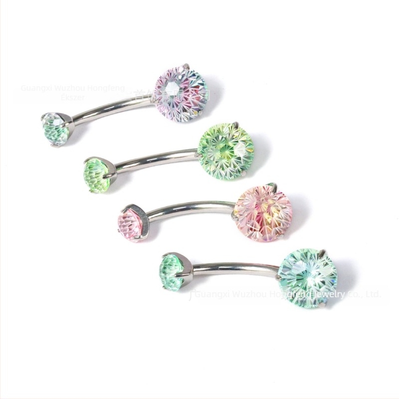 F136 titánium ötvözetű köldök piercing cirkóval, gradient színű, tűzijáték stílus