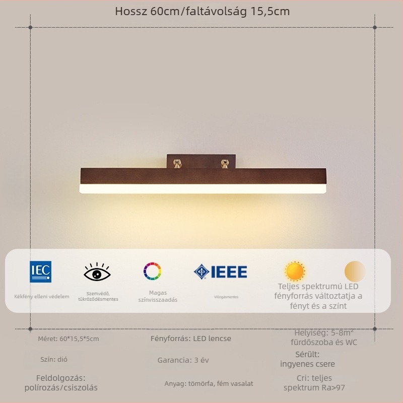 Diófából készült fürdőszobai mosdó tükrös szekrénye beépített világítással és forgatható falikarral