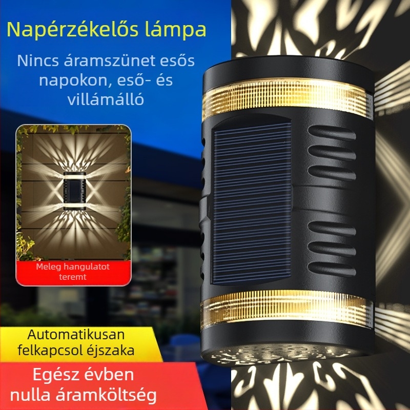 Kültéri vízálló napelemes falikar kerthez és kerítéshez, LED falikar, hangulatos perforált dizájn