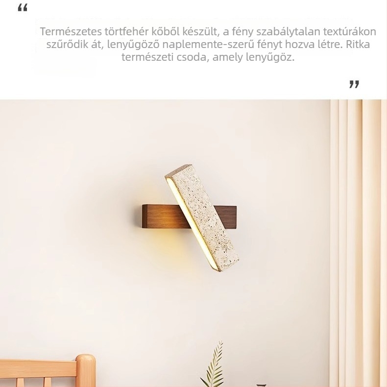 Sárga travertin, vintage Wabi-Sabi stílusú hálószobai fali lámpa húzókapcsolóval, forgatható fejű, fa kivitelben