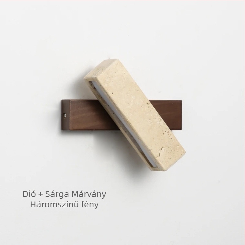 Sárga travertin, vintage Wabi-Sabi stílusú hálószobai fali lámpa húzókapcsolóval, forgatható fejű, fa kivitelben