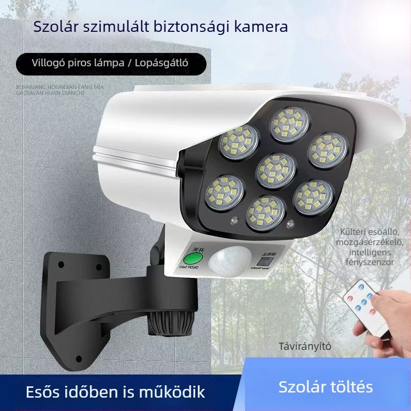 Napelemes kültéri falikar szimulált kamerával, távirányítóval, kertvilágítás