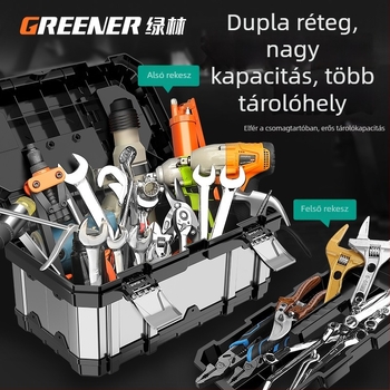 Rozsdamentes acél szerszámtartó doboz, ipari minőségű, többfunkciós, hordozható, nagy kapacitású, autóhoz és háztartási használatra.