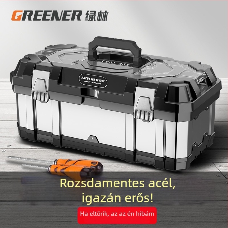 Rozsdamentes acél szerszámtartó doboz, ipari minőségű, többfunkciós, hordozható, nagy kapacitású, autóhoz és háztartási használatra.